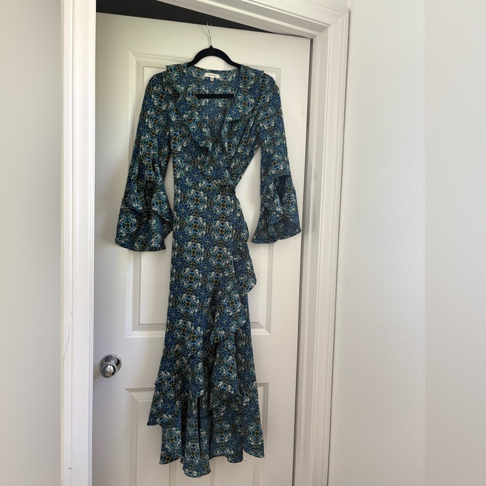 Max Studio Teal Floral Wrap Maxi Dress with Bell Sleeves
